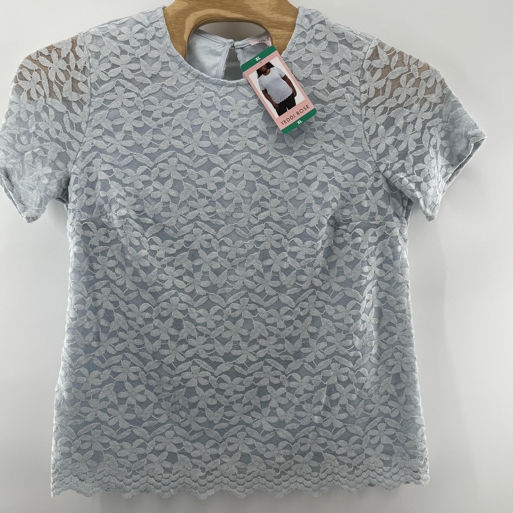 Teddi Rose Shirt Womens XL Light Blue Lace Short Sleeve Scallop Hem Floral Top